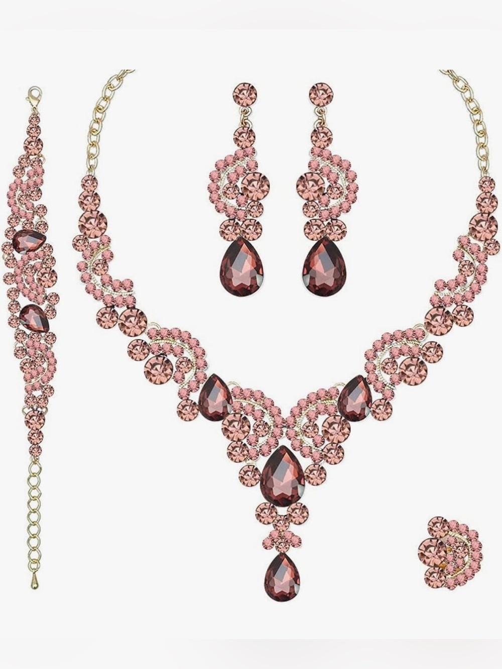 Purple mauve Crystal Teardrop Necklace Bracelet Earring and Ring Set Gold Tone
